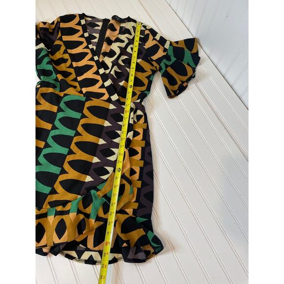 AX Paris Green Black Green Aztec Printed Day Mini Wrap Dress Ruffled Size S - Picture 7 of 9